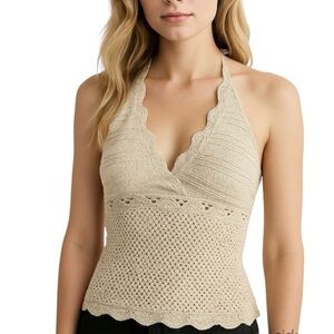 Vintage 90s oatmeal beige open knit crochet neutral halter tie neck top M